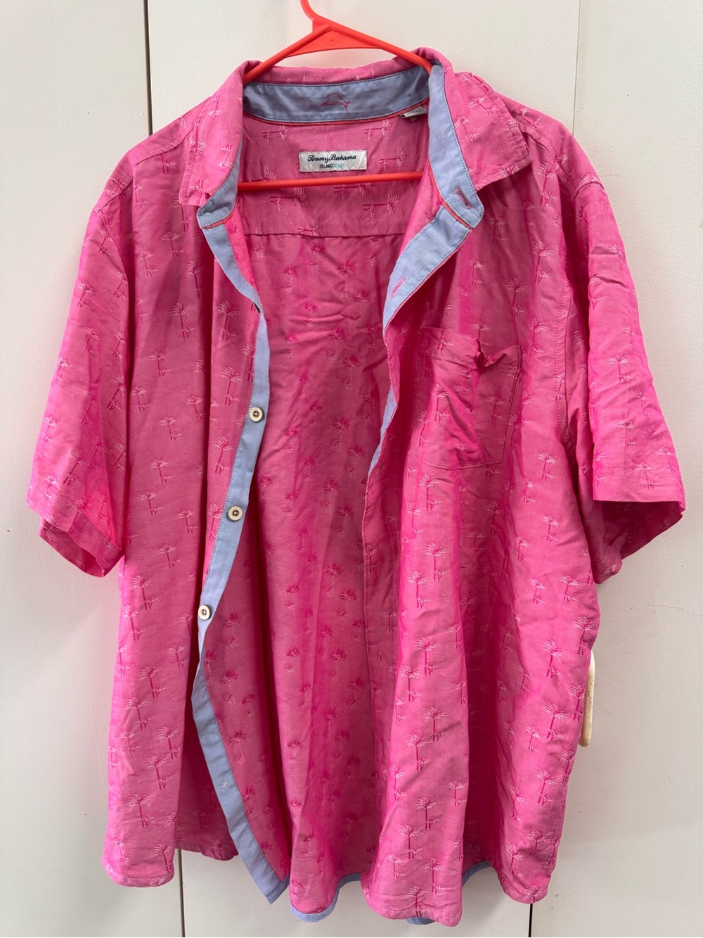 Tommy Bahama Pink Short-Sleeve Camp Shirt with Light Blue Trim